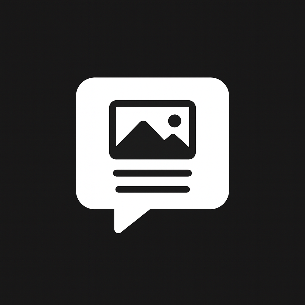 Icon of a speech bubble containing an image placeholder with mountains and a sun above two horizontal lines, representing text. The design is in white on a black background.