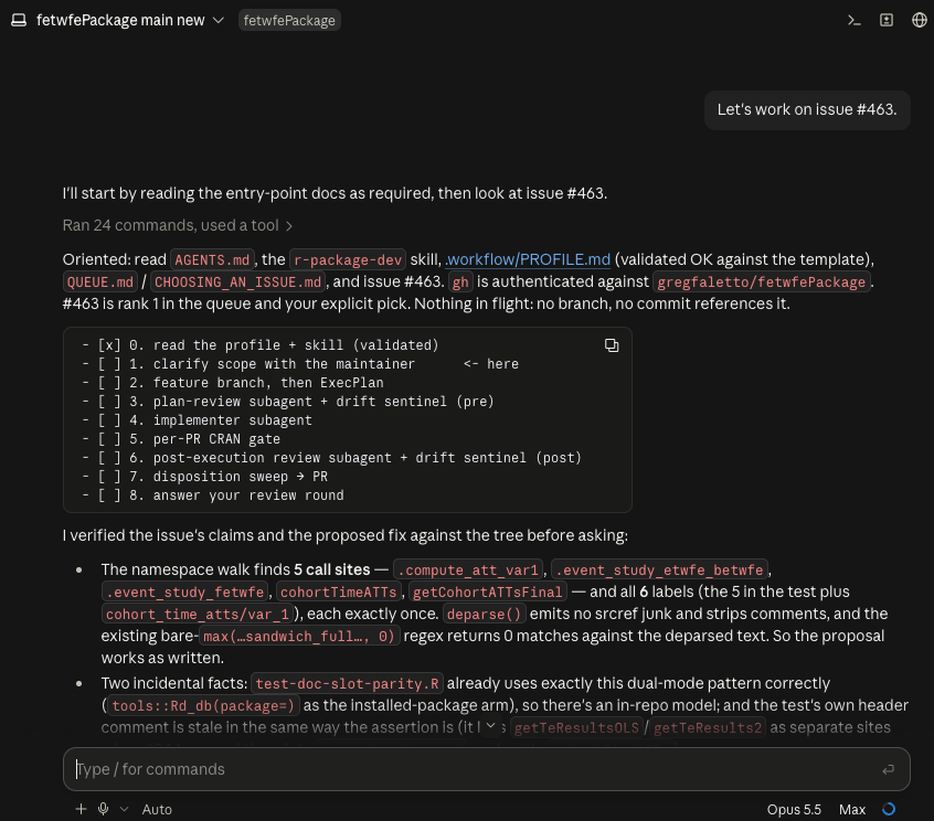Screenshot of an AI coding agent session in fetwfePackage responding to user prompt 'Let's work on issue #463'. The agent validates documentation, displays a nine-step task checklist starting at step 1 'clarify scope with the maintainer', and lists namespace call site findings.